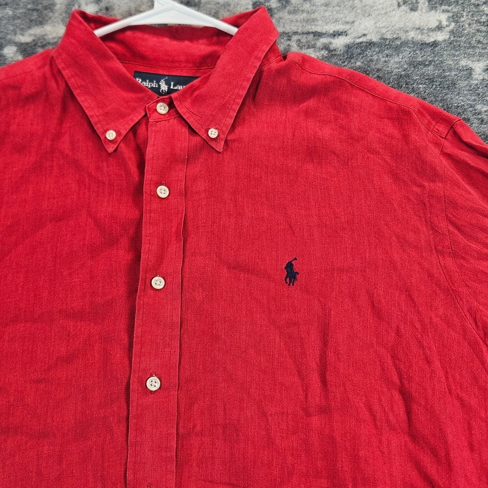 Ralph Lauren Shirt Mens XXL Red 100% Linen Short Sleeve Button Down Classic Fit